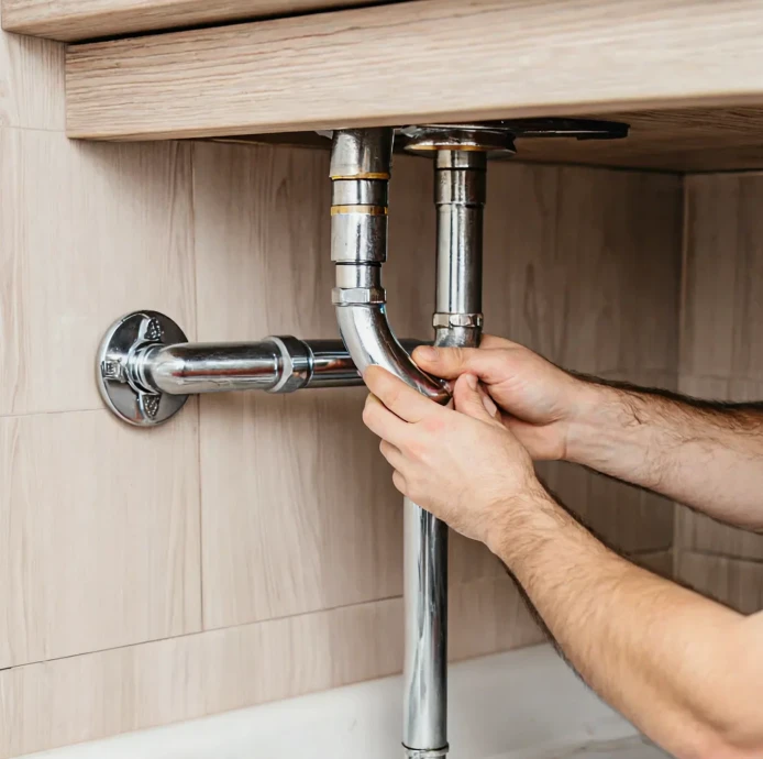 Close-up of a person’s hands tightening the chrome P-trap and pipes under a kitchen sink.