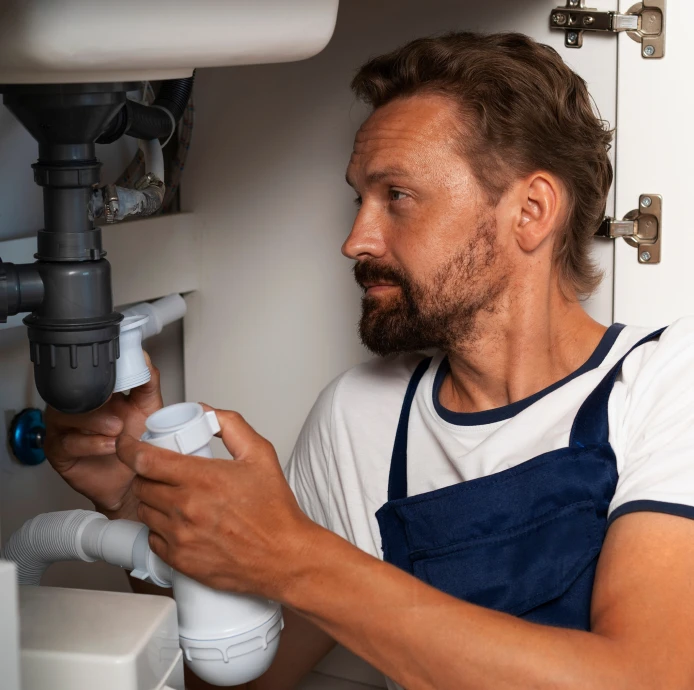 Plumbing Services in Ellensburg with a professional plumber repairing pipes under a kitchen sink