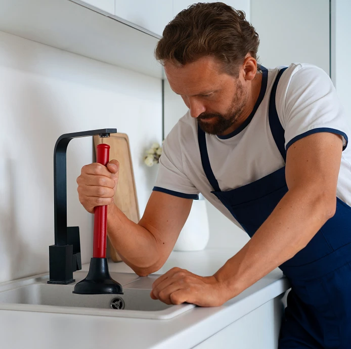 Plumbing Services in Selah with a professional plumber unclogging a kitchen sink using a plunger