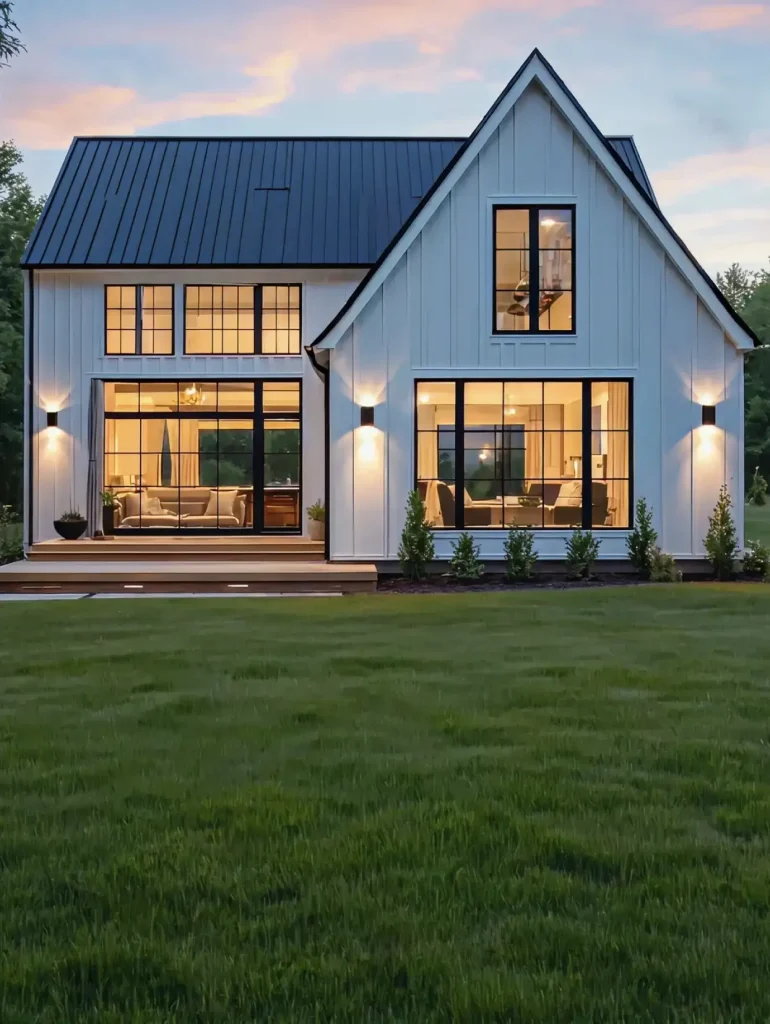 Modern white farmhouse at dusk with black metal roof, large grid windows glowing warmly, landscaped shrubs, and expansive green lawn.